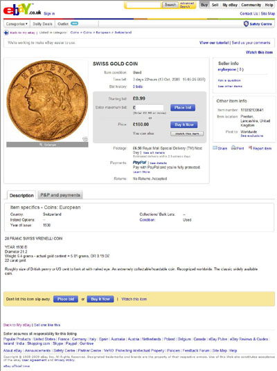 mybayone eBay Listing Using our 1947 Swiss Gold 20 Francs Photographs